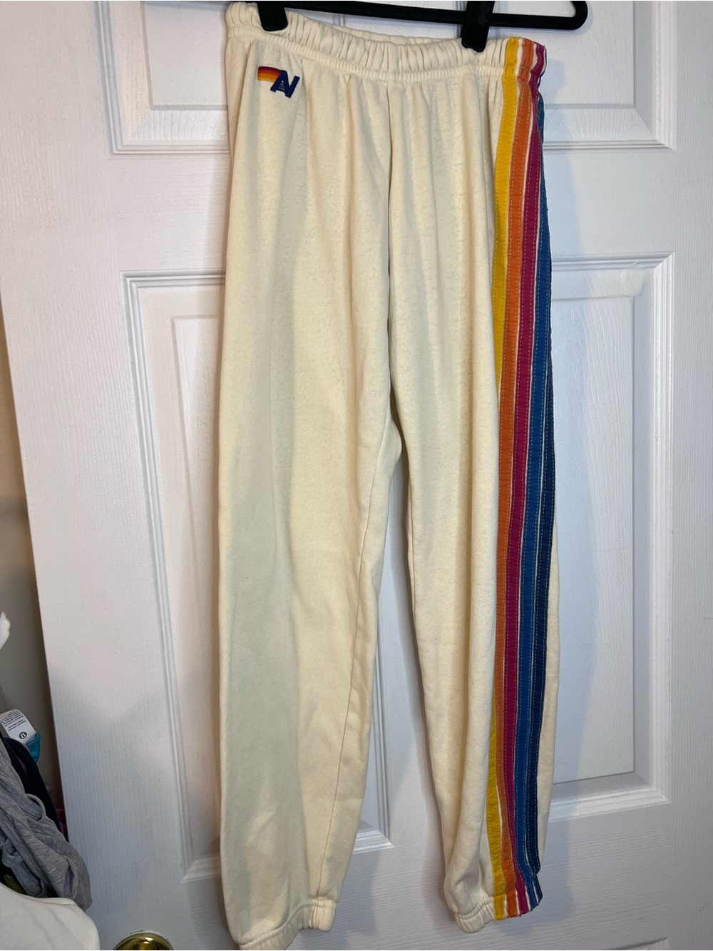 #660 Aviator Nation Rainbow Stripe Sweatpants Cream Joggers XS USA